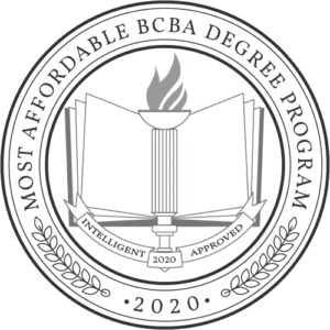 Seal emblem for Most Affordable BCBA Degree Program 2020 features torch and book design.
