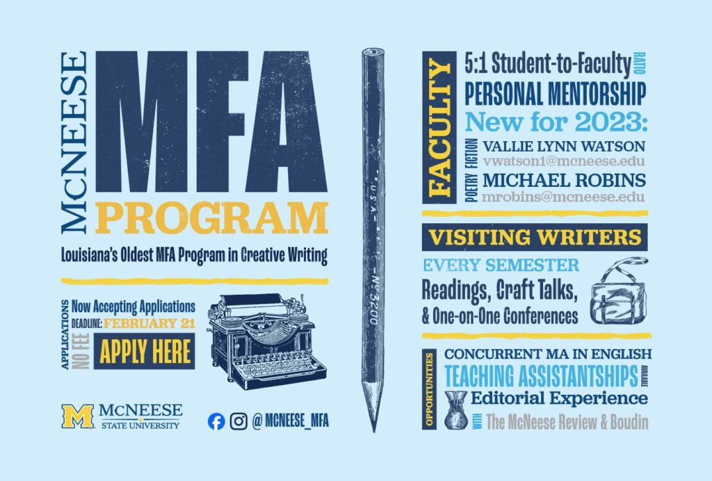 McNeese State University MFA Creative Writing Program, apply by Feb 21, 2023, personal mentorship, faculty contact info.